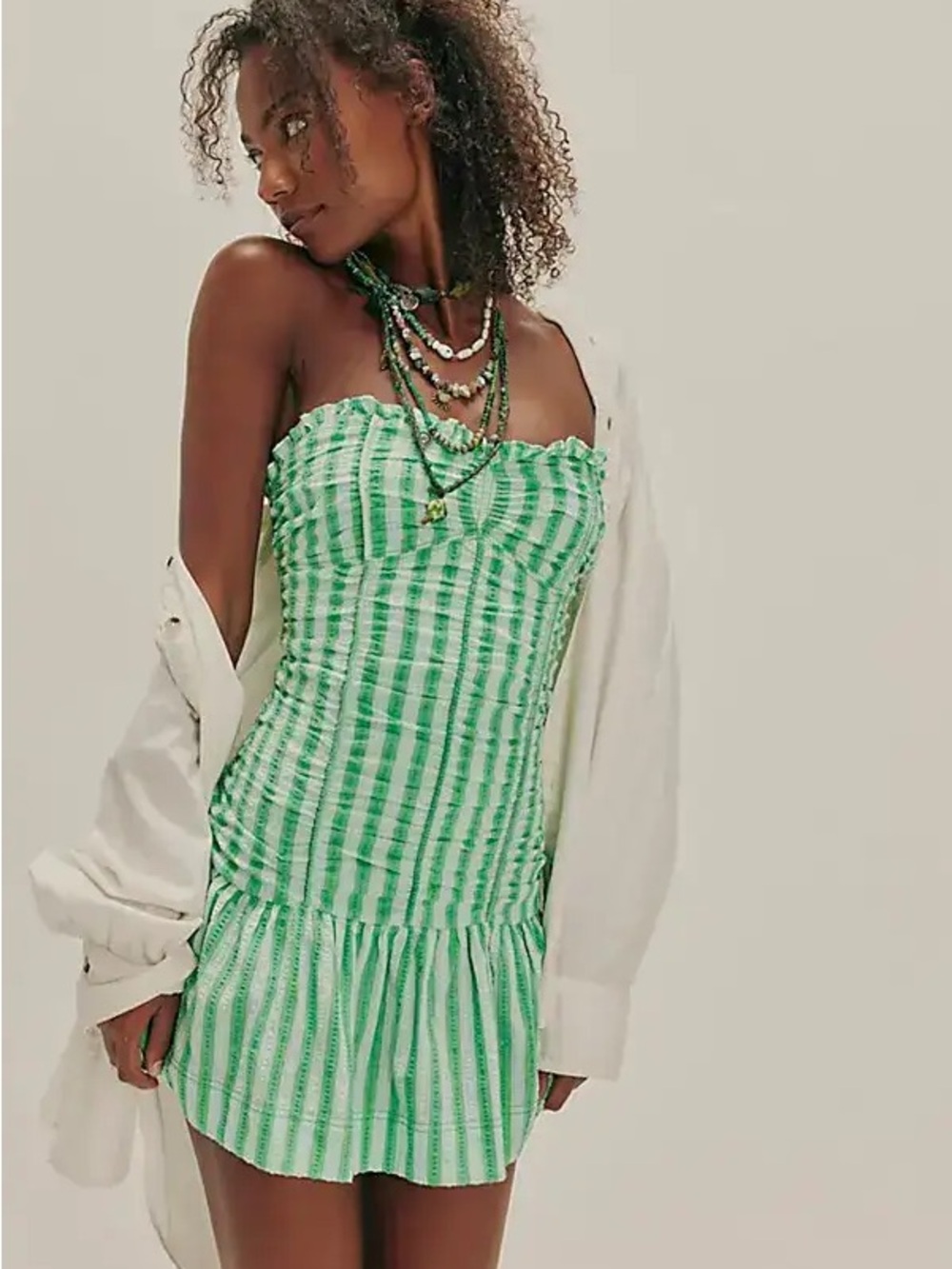Free People Surefire Mini Green Striped Strapless Dress